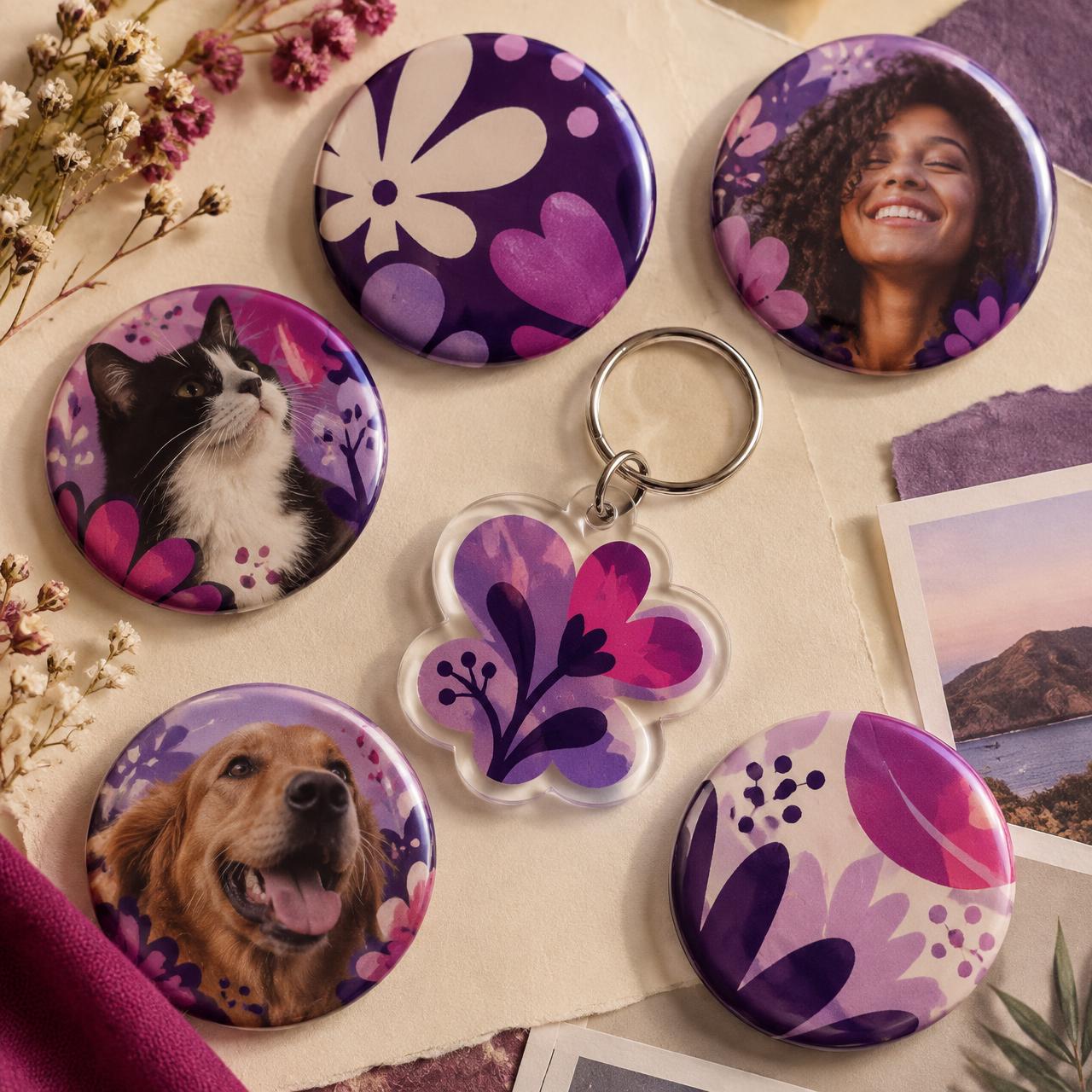 Bottons e chaveiro personalizados em tons de roxo, lilás e rosa