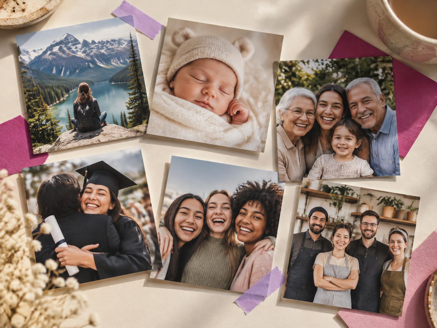 Colagem de inspirações com viagem, bebê, família, formatura, amigas e empresa